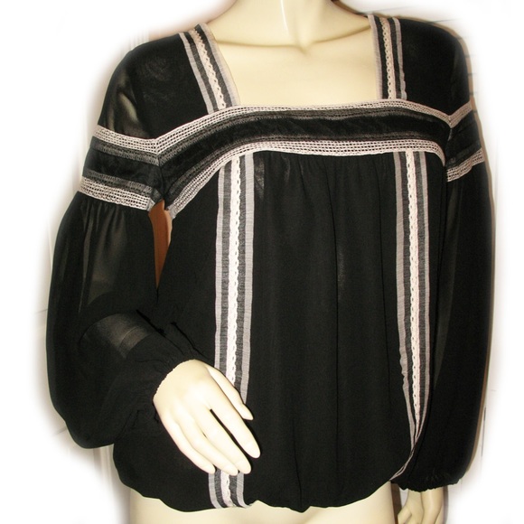 New Y2K Studio M Black Sheer Top Blouse Lace Trim Whimsigoth Fairy Princess Goth - Picture 1 of 8